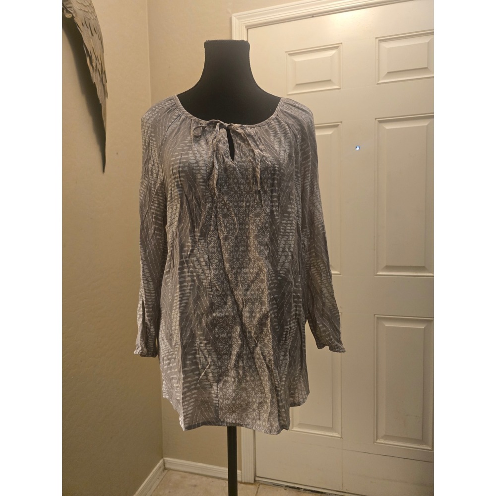 Fred David Womens Grey Tribal Print Peasant Blouse Long Sleeve Keyhole Tie Med M